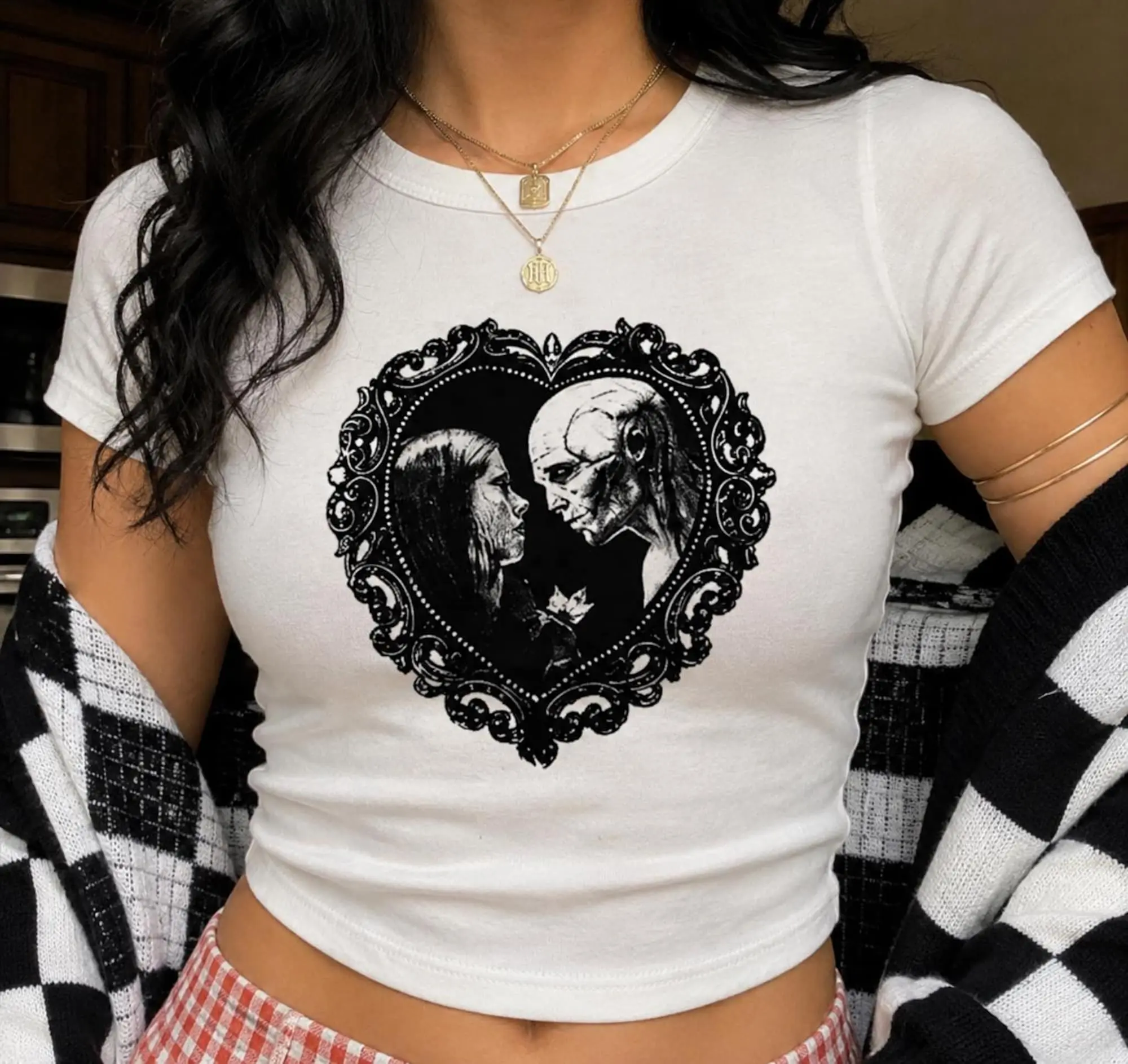 Gothic-Romantic Couple Baby Tee, Vinatge Halloween Shirt For Women,Skeleton Love Shirt, Dark Feminine Y2K Top, Vintage Goth Graphic Tee,