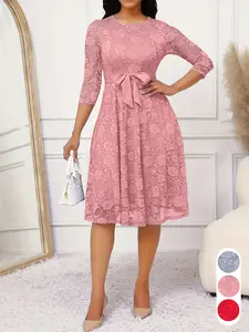 Spring Summer Lace Bow Waist Midi Dress, Elegant Lady A-Line Gown, Flowy Skirt Design, Multi-Color Lace Long Dress, Ffhryy023
