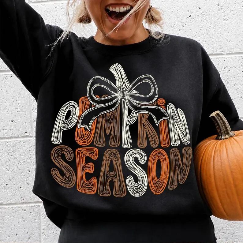 Retro Pumpkin Season tshirt, Pumpkin Spice tee, Coquette Pumpkin Bow , Retro Groovy Fall , Distressed Autumn , Graphic Hoodie, Crewneck Sweatshirt