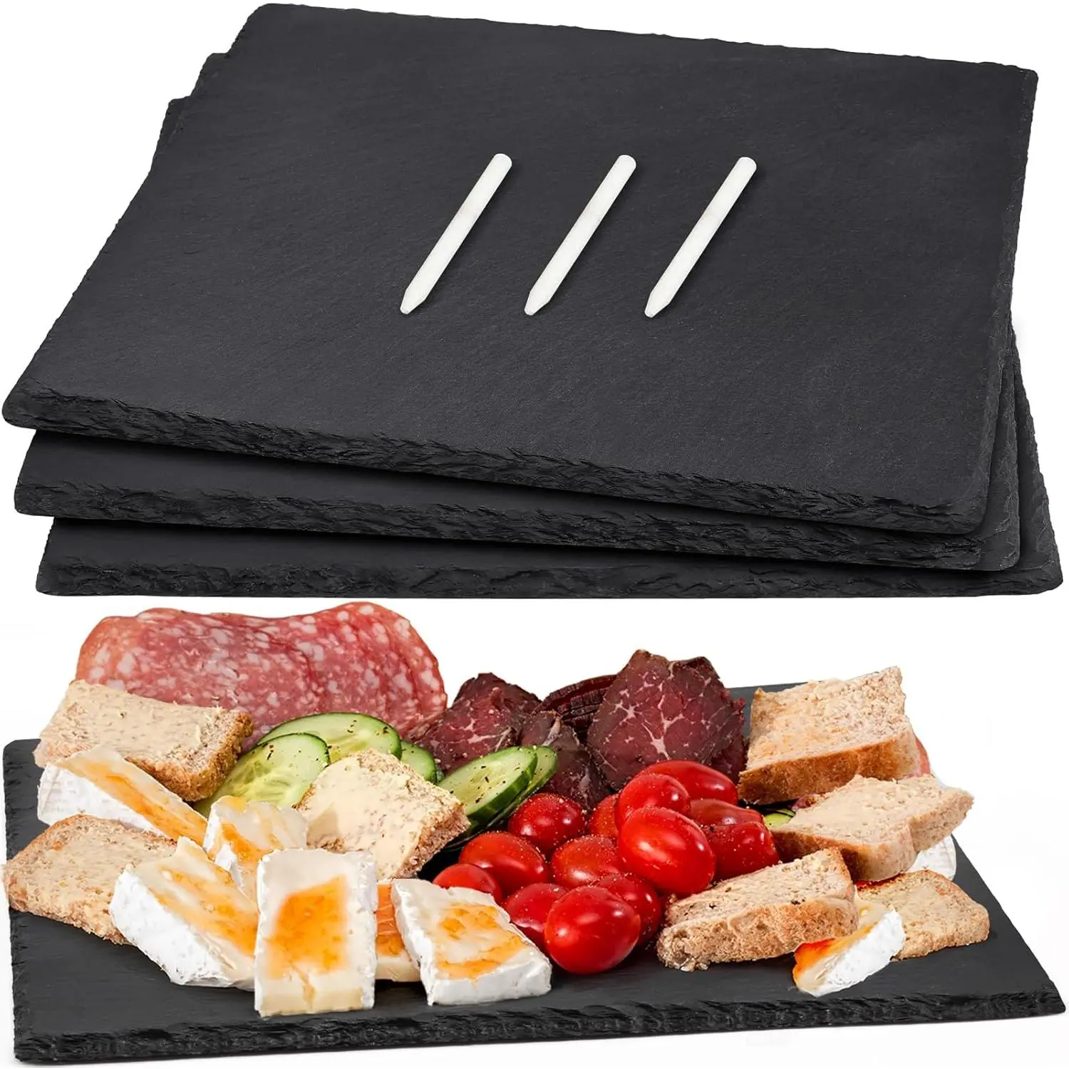 12 x 10 In 4 Pack Slate Cheese Boards, Black Stone Plates Charcuterie Board Gourmet Serving Tray Cheese Platter Display Chalkboard with Soapstone Chalk for Sushi, Party, Gifts, Meat, Appetizer