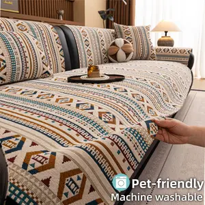 Pet Friendly Boho Sofa Cover, Premium Thick Textured Couch Pad, Non Slip Anti Scratch Sofa Protector, Machine Washable Furniture Cover for Pets, Cozy Decorative Sofa Mat for Sectional & Loveseat.