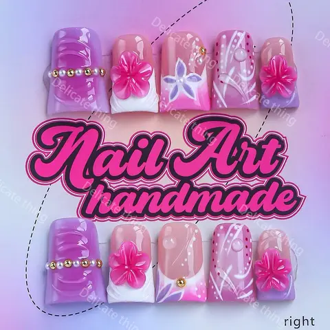Delicatething Y2K Style Duckbill Nail Tips, Nail Art Products, Nail Art, Nail Designs, Handmade French Design, Silver Color Beads, Flower Design Nails, 4 Sizes XS S M L, Perfect Gift for Girls