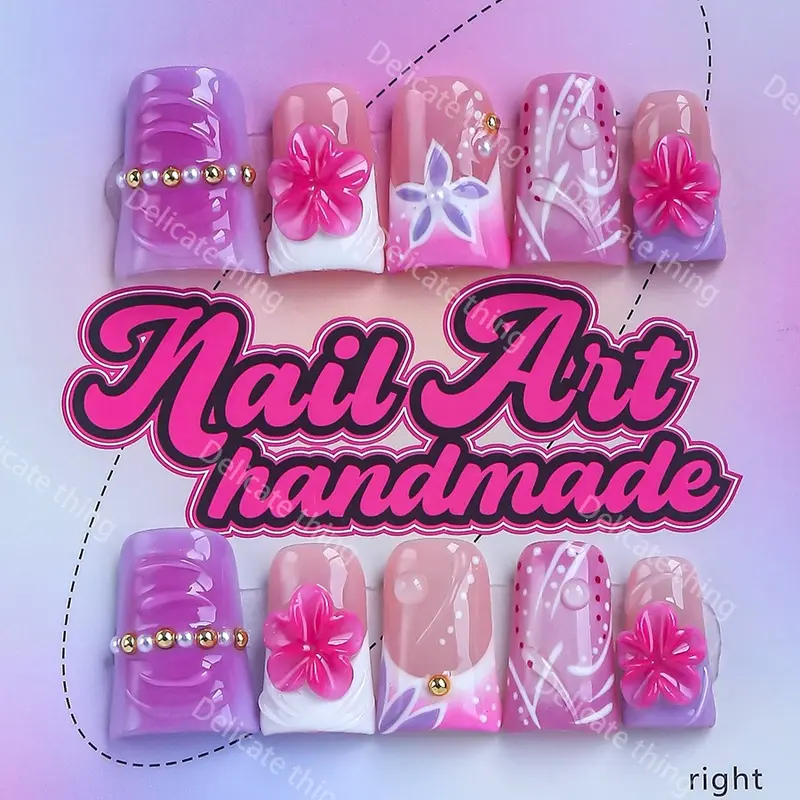Delicatething Y2K Style Duckbill Nail Tips, Nail Art Products, Nail Art, Nail Designs, Handmade French Design, Silver Color Beads, Flower Design Nails, 4 Sizes XS S M L, Perfect Gift for Girls