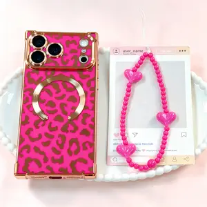 Luxury Glitter Leopard Print Square Phone Case with Beaded Peace Charm Bracelet 2Pcs Set, Full Coverage MagSafe Magnetic Anti-Slip Shockproof Protective Cover, Shiny Premium Wear-resistant Phone Shell Compatible with iPhone 14/15/16/17 Pro Max