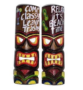 WorldBazzar 20" SET OF 2 HANDMADE TIKI MASK HAWAIIAN POLYNESIAN WALL ART TRIBAL BAR TROPICAL Come Classy Leave Trashy & Relax It's Beach Time Signs