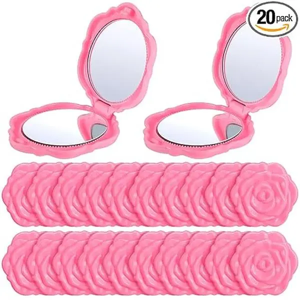 20-Pack Rose Compact Mirror Bulk – Pink Plastic Mini Travel Makeup Mirror for Handbags and Purses – Bridesmaids Gifts for Women and Girls, Wedding Party Favors, and Gift Bag Fillers – Portable Pocket Mirror with Elegant Rose Design