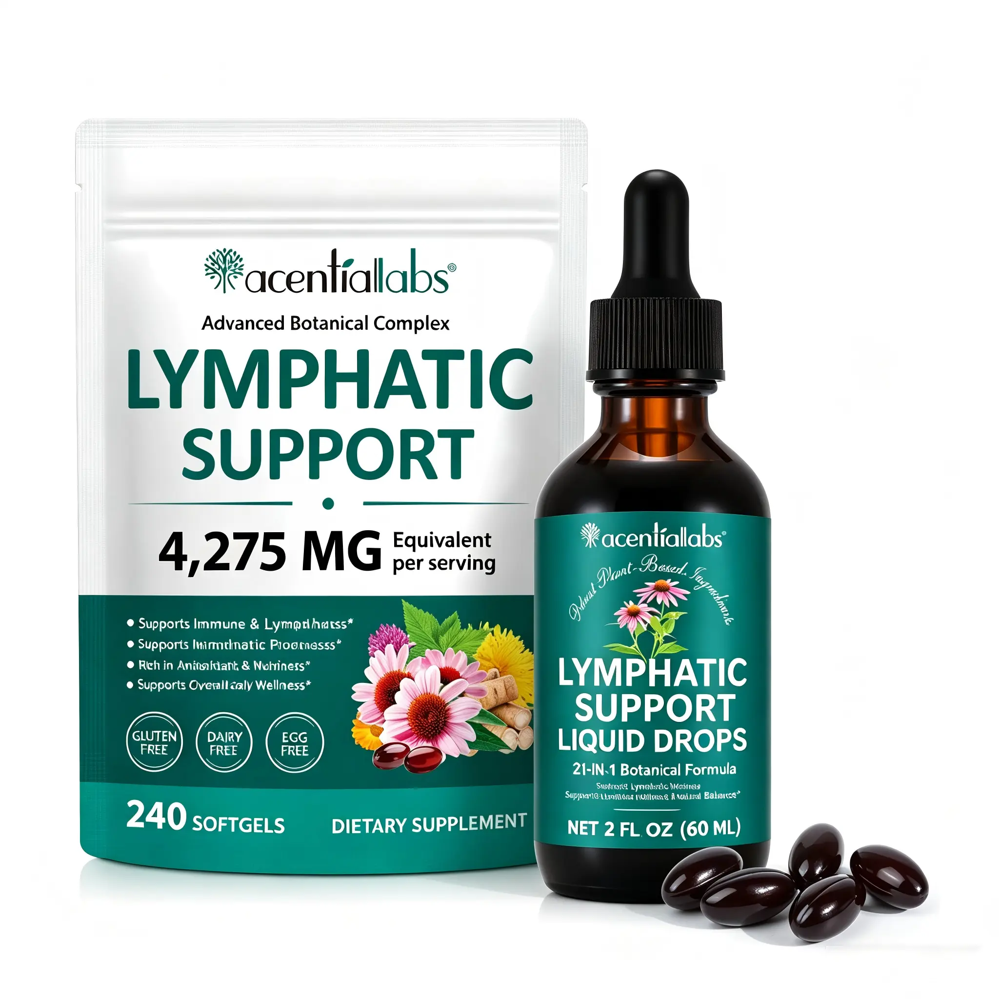 Acentiallabs 2-In-1 Lymphatic Drainage Edible Dietary Supplement Bundle - UK Liquid Detox Drops, Targeted Capsules, Botanical Multi-Ingredient Vitamins, Detox Debloat Formula, Energy Boost, Natural Vegan Daily Supplement