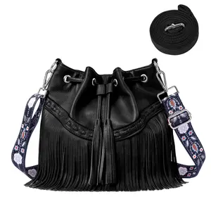 Women Bucket Fringe Hobo Bag Western Purse Vegan Leather Tassel Hippie Shoulder Crossbody Bag