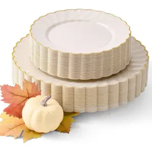 By60 Pc Ivory Scalloped Plastic Plates for Party with Gold Trim – 30 Dinner & 30 Dessert Plates – Elegant & Fancy for Wedding, Showers, Special Moments (30 Guests)