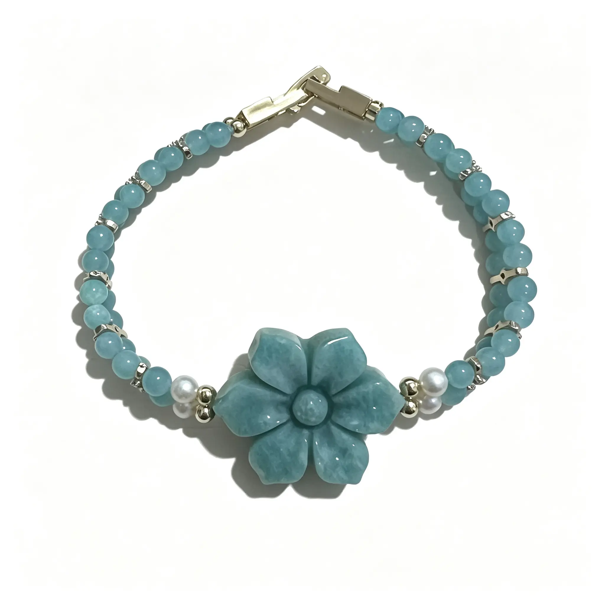 Carved Amazonite Flower Bracelet with Pearl Beads
