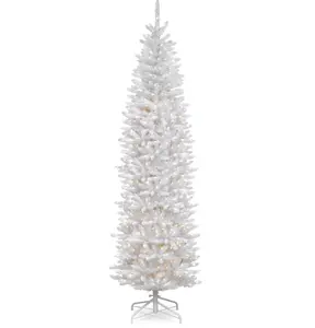 National Tree KWW7-300-90 9 ft. Kingswood Fir Hinged Pencil Tree With 500 Clear Lights, White