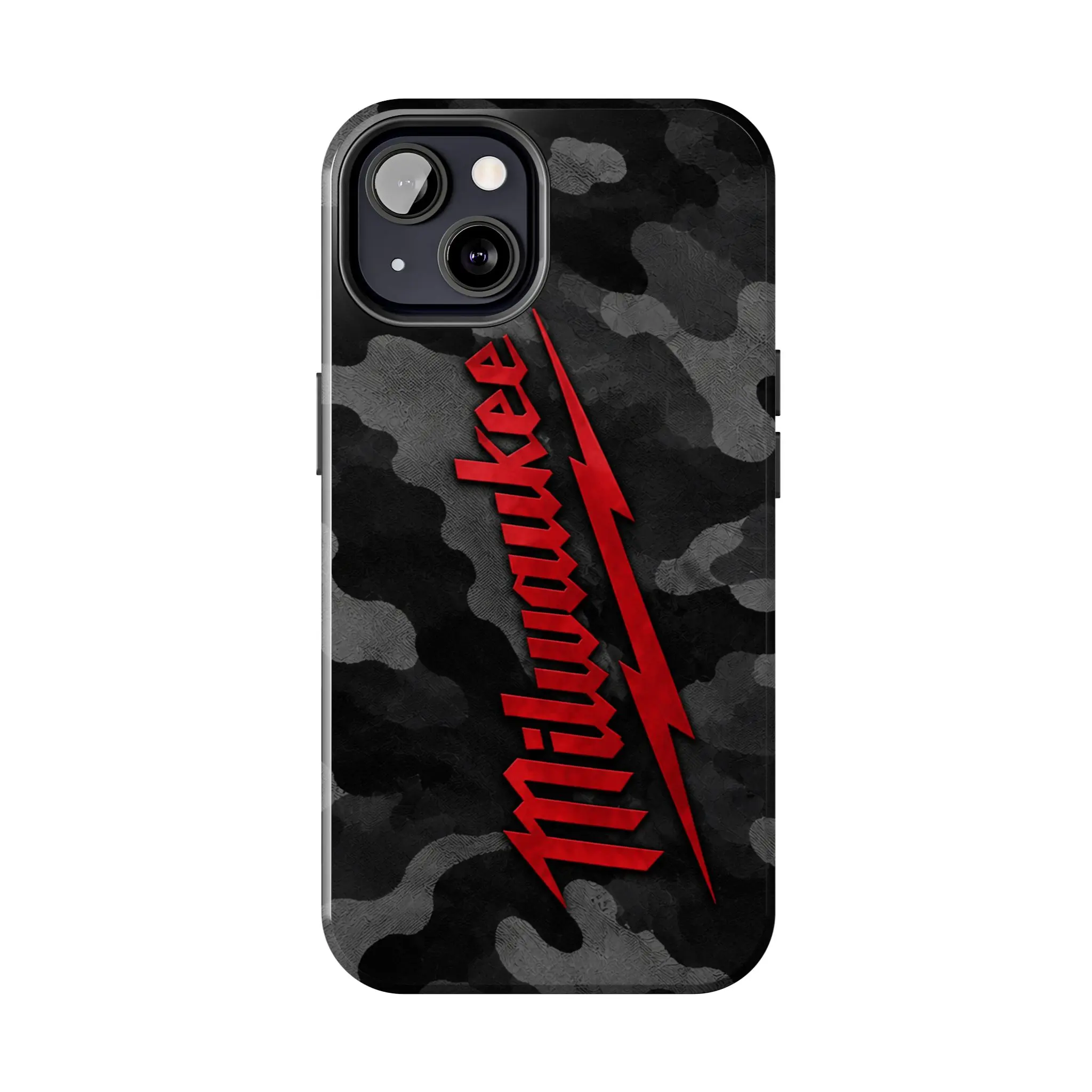Milwaukee Tool Camo Phone Case, Black Gray Camouflage Red Logo Design, Rugged Blue Collar Tough Protective Case for iPhone 17 16 15 14 13 12 11 Pro Max Plus