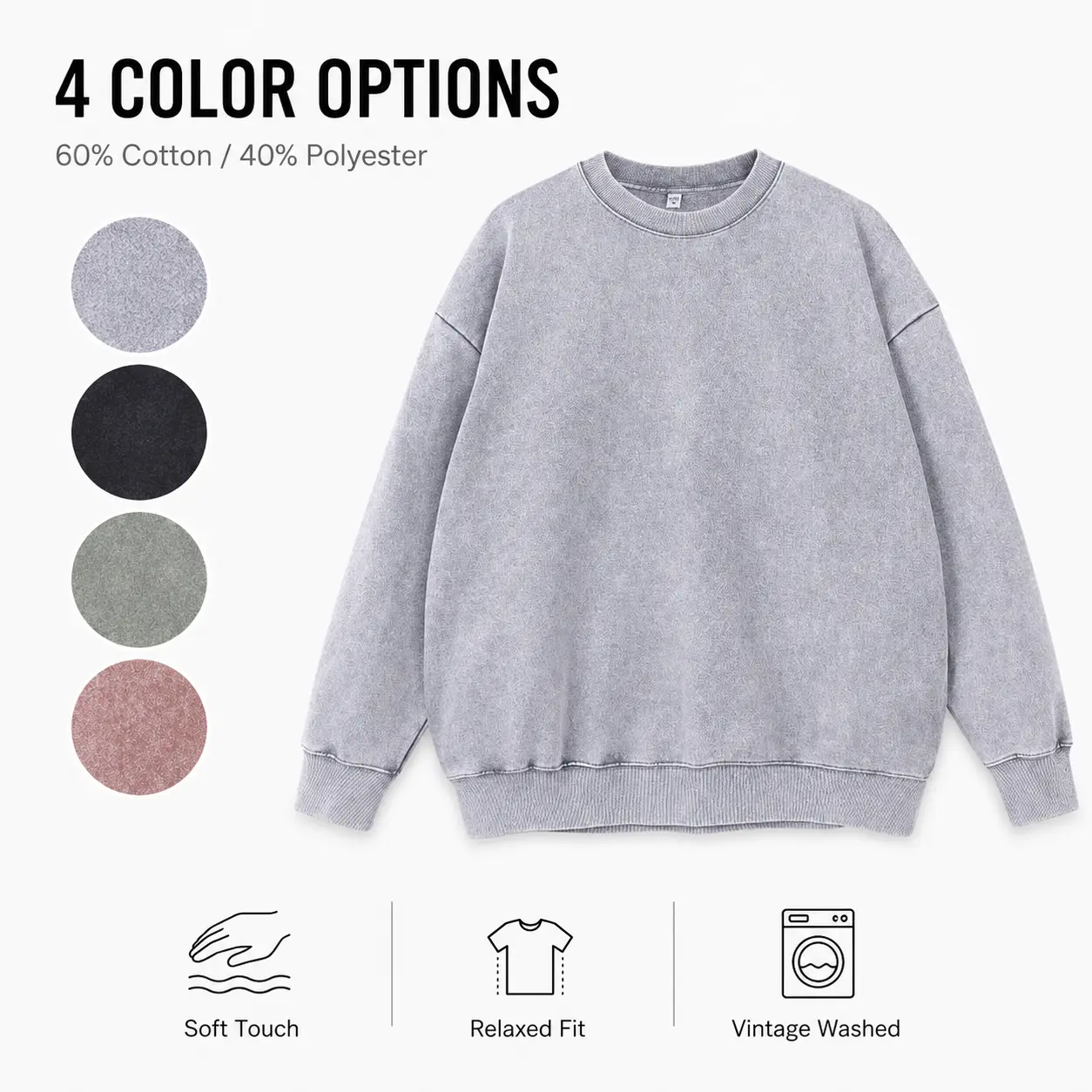 Menswear Vintage Washed Oversized Crewneck (Round Neck) Long Sleeve Sweatshirt - Soft French Terry Cotton Pullover, Hidden Side Pockets, Breathable Relaxed Fit Unisex Streetwear Top for Fall Winter Casual Daily Wear