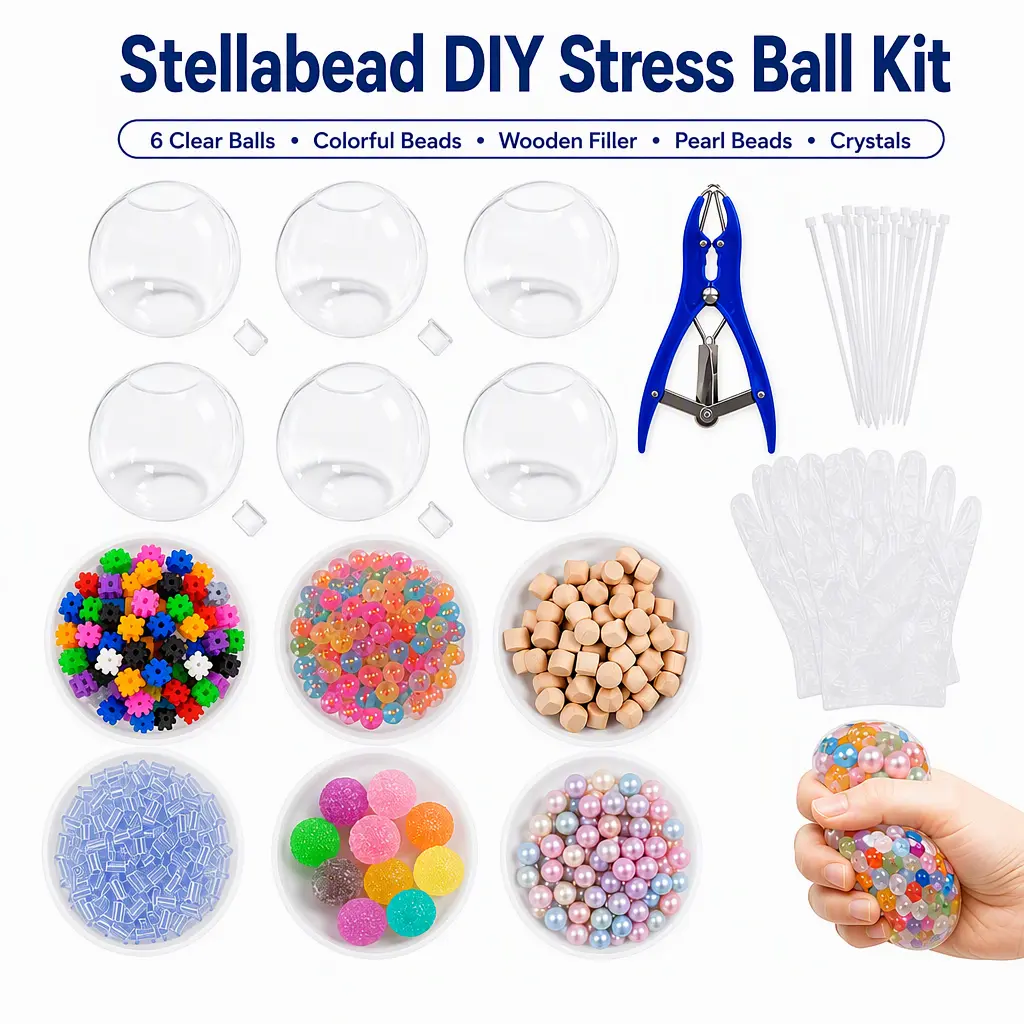 Stellabead DIY Stress Ball Making Kit Set 1 — Nature & Beads Collection  Custom Squishy Craft Kit with Beads & Fillers, Creative Handmade Fidge - 6 Clear PVC Bags, Colorful Beads, Wooden Filler, Pearl Beads, Crystals, Safe & Non-Toxic