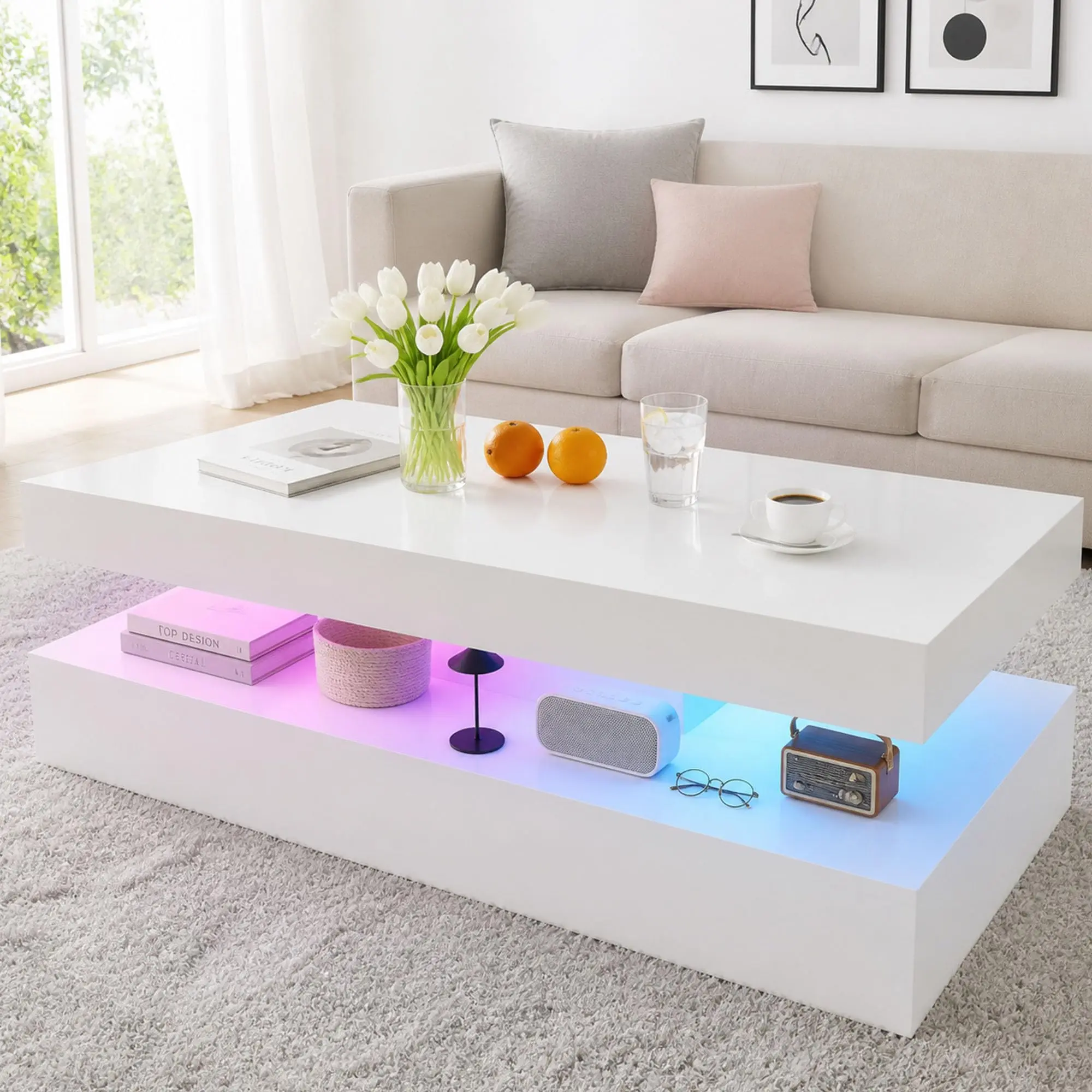 Aoxun LED Coffee Table with High-Gloss Finish, 2 Sliding Drawers, Double-Layer Storage, Modern White Living Room Furniture, 39"/47" Sizes