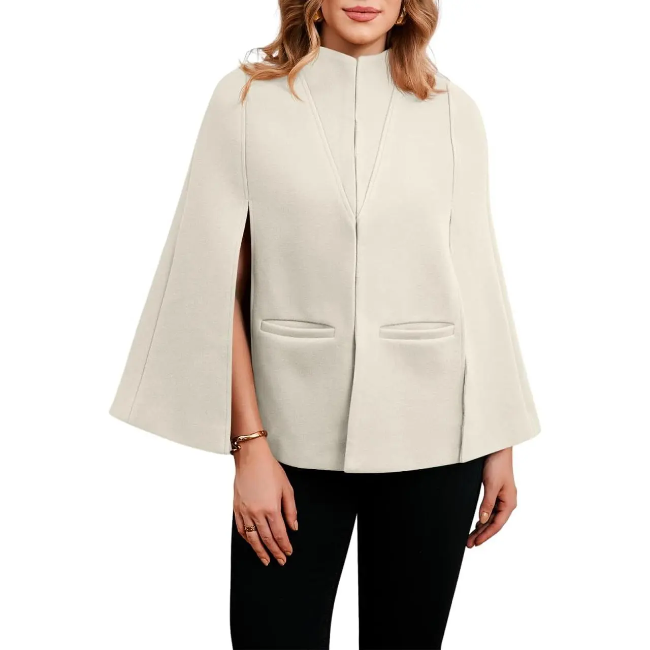 Women's Solid Regular Cape Blazer Jacket - Open Front Stand Collar, Split Long Sleeve Casual Workwear Outerwear for Indoor Leisure Activities