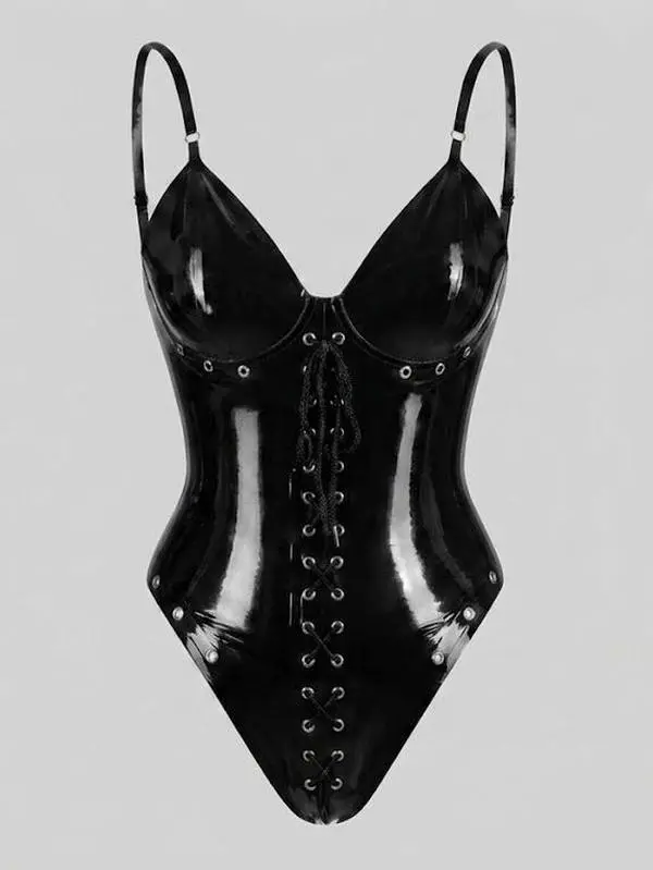 Women's Stretchy Glossy Latex Bodysuit - Adjustable Straps, Seamless Fitted Vest for Daily Wear, Sexy Underwear Layering