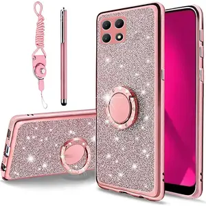T-Mobile Revvl 7 5G Case for Women,Glitter Crystal Butterfly Heart Floral Slim TPU Luxury Bling Cute Protective Cover with Kickstand+Strap for Revvl 7 5G(Glitter Pink)