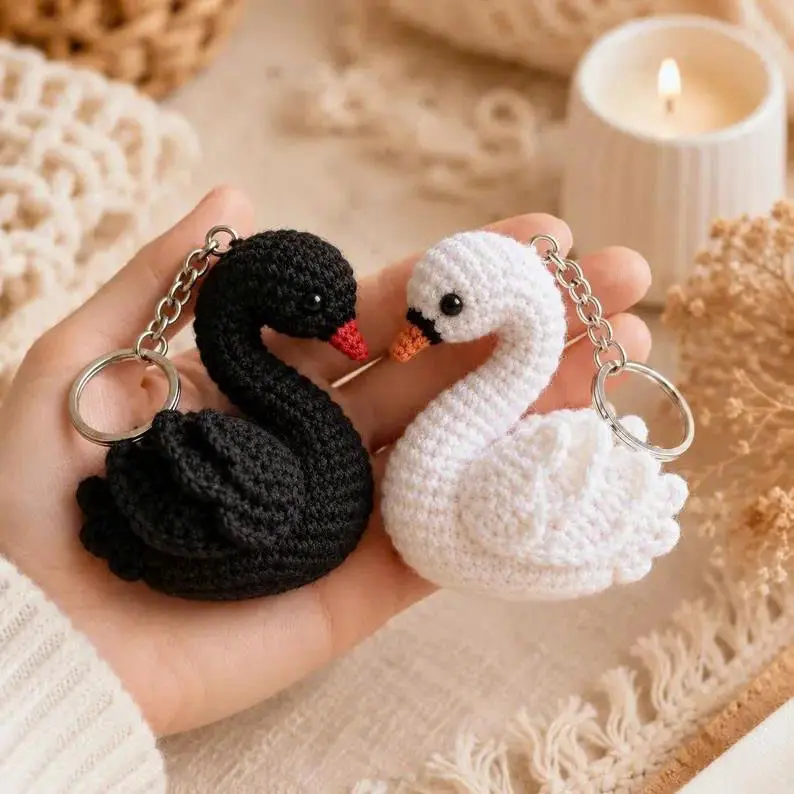 Crochet Swan Keychain, Black White or Pink Amigurumi Bag Charm, Single or Pair