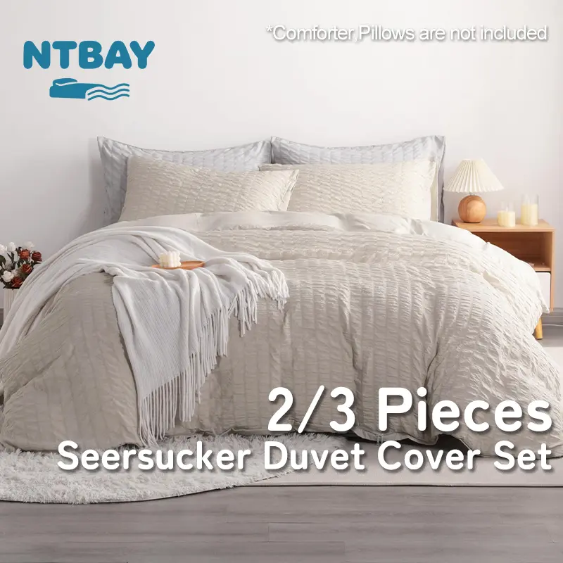 NTBAY Seersucker Duvet Cover Set, 2/3 Pieces Textured Stripe Washed Microfiber, Zipper Closure & Corner Ties, Lightweight Breathable Bedding, King/Queen/Twin, Oeko-Tex
