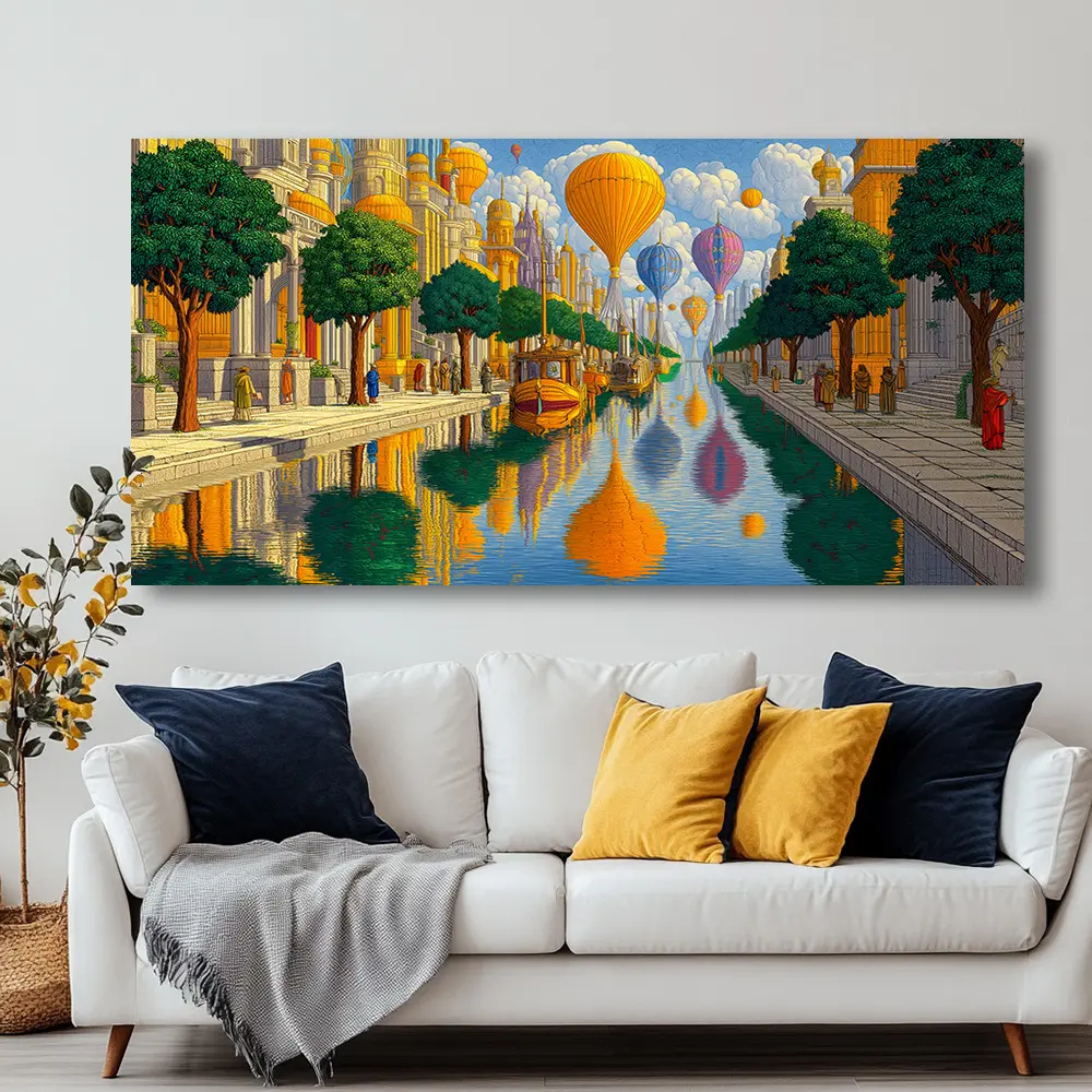 Framed Modern Abstract Canvas Wall Painting - Dream Canal City Vibrant Print, High-Quality Home Decor for Living Room & Bedroom, Wall Art Canvas Print, Check the Size Carefully