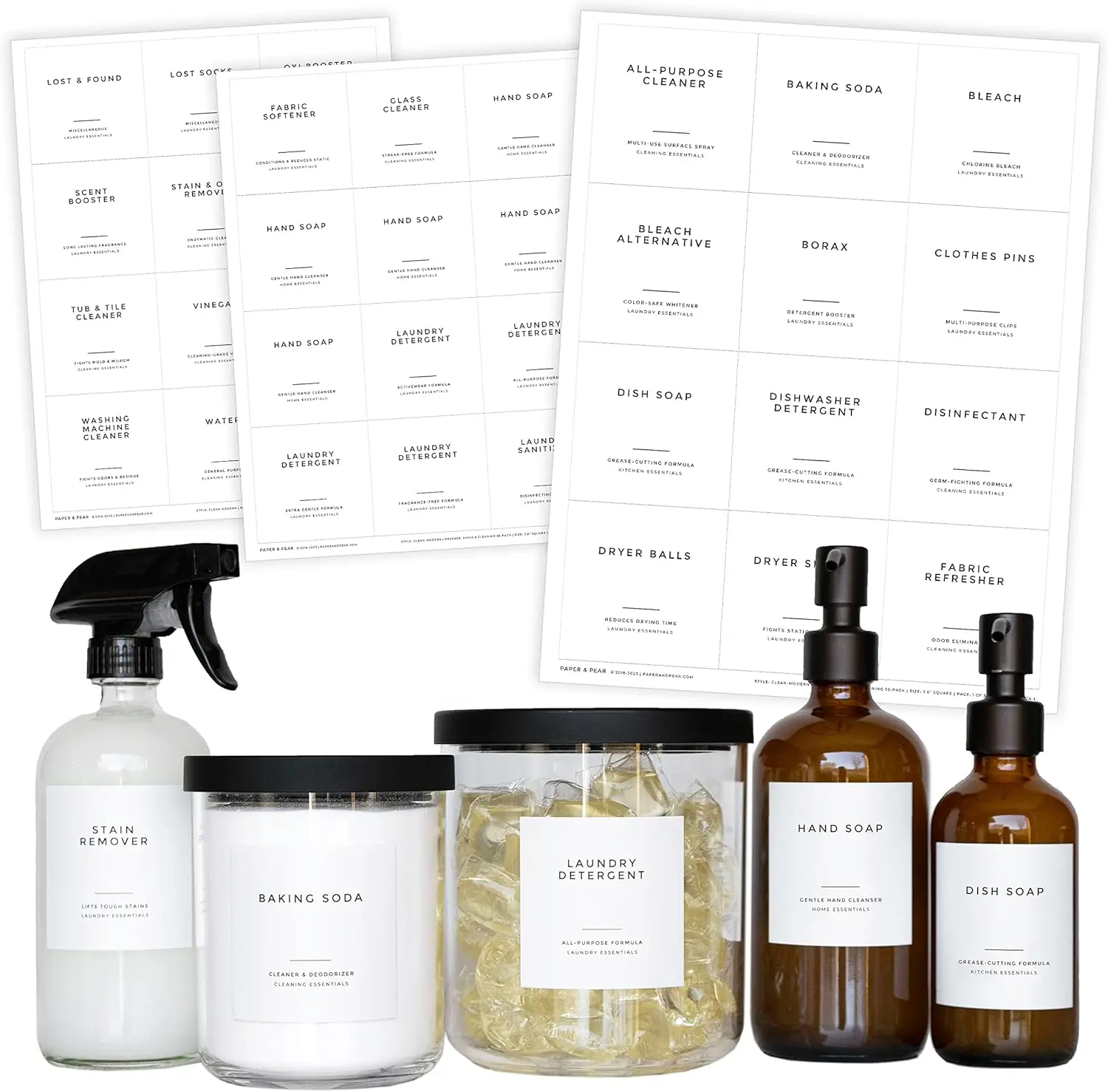 Clean-Modern White Oil & Vinegar Labels by Paper & Pear - Waterproof + Oil Resistant Pantry Labels - 2.6” Square Labels for Organizing Oil Dispenser Bottles - Preprinted Labels Stickers - Set of 24