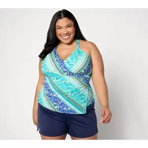 Denim & Co. Beach Wrap Front Tankini with Swim Short Denim & Co. Beach Wrap Front Tankini with Swim Short