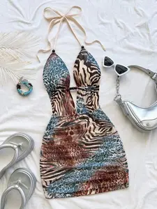 Women's Mini Dress, Summer Fashion Vintage Tie-Dye Leopard & Zebra Print, Deep V Neck, Waist Cinch, Perfect for Parties, Dates, Beach Holidays
