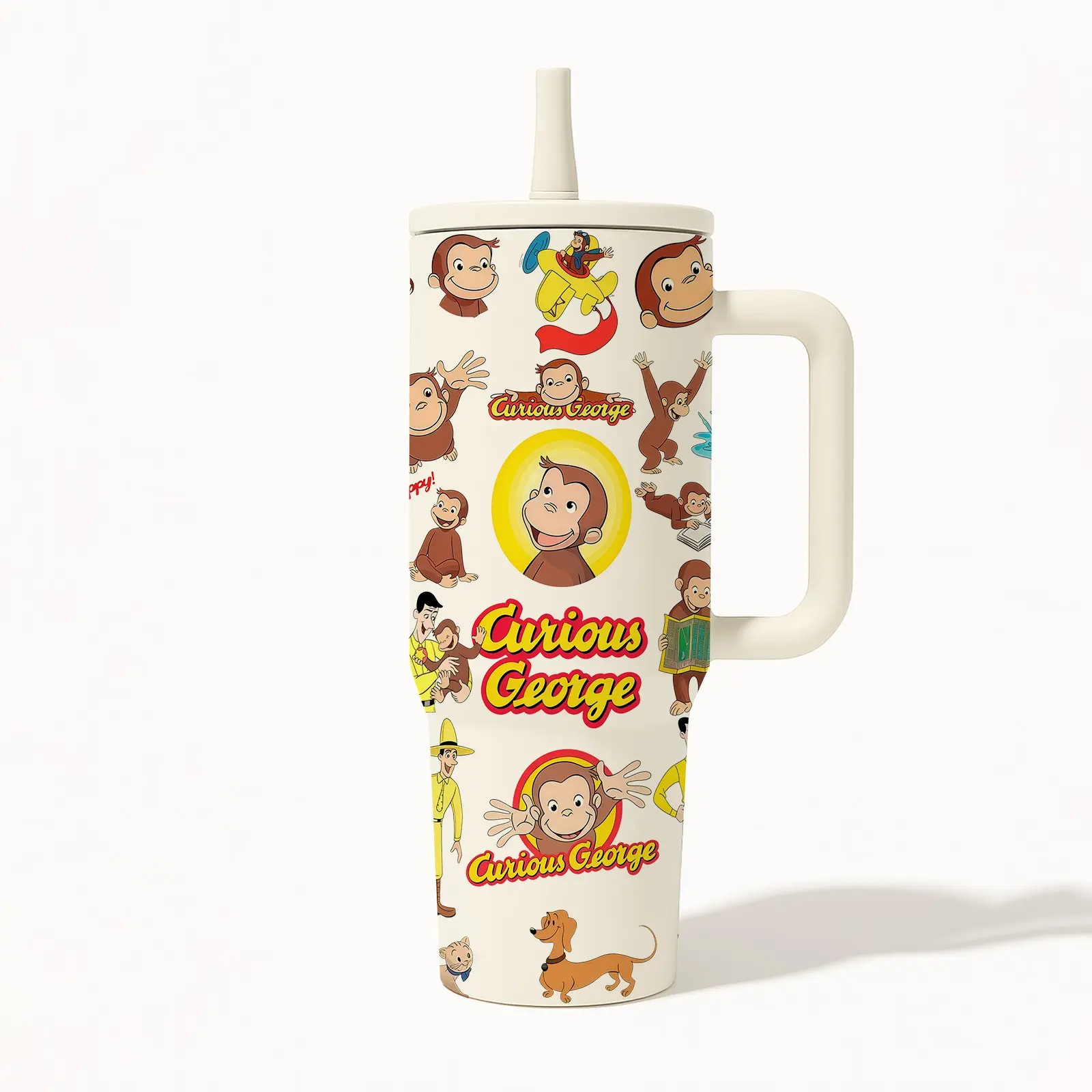 1pc Curious George 40oz Stainless Steel Insulated Tumbler with Handle, Monkey Print Travel Mug with Lid and Straw, Leak-Resistant Portable Cup, Leak Proof Tumbler, Gift for Women Men Cartoon Fans