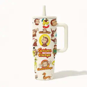 1pc Curious George 40oz Stainless Steel Insulated Tumbler with Handle, Cartoon Monkey Print Travel Mug with Lid and Straw, Large Capacity Vacuum Cup for Water Coffee Tea, Leak-Resistant Portable Cup, Cute Gift for Women Men Cartoon Fans