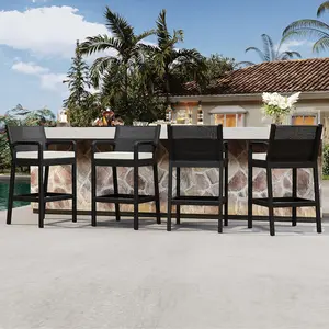 🎉 Upgrade Your Backyard! Set of 4 All-Weather Wicker Bar Stools – 30" Patio Height with Cushions, Backrest & Footrest – Perfect for Pool, Garden or Balcony – Beige & Blue 🍹