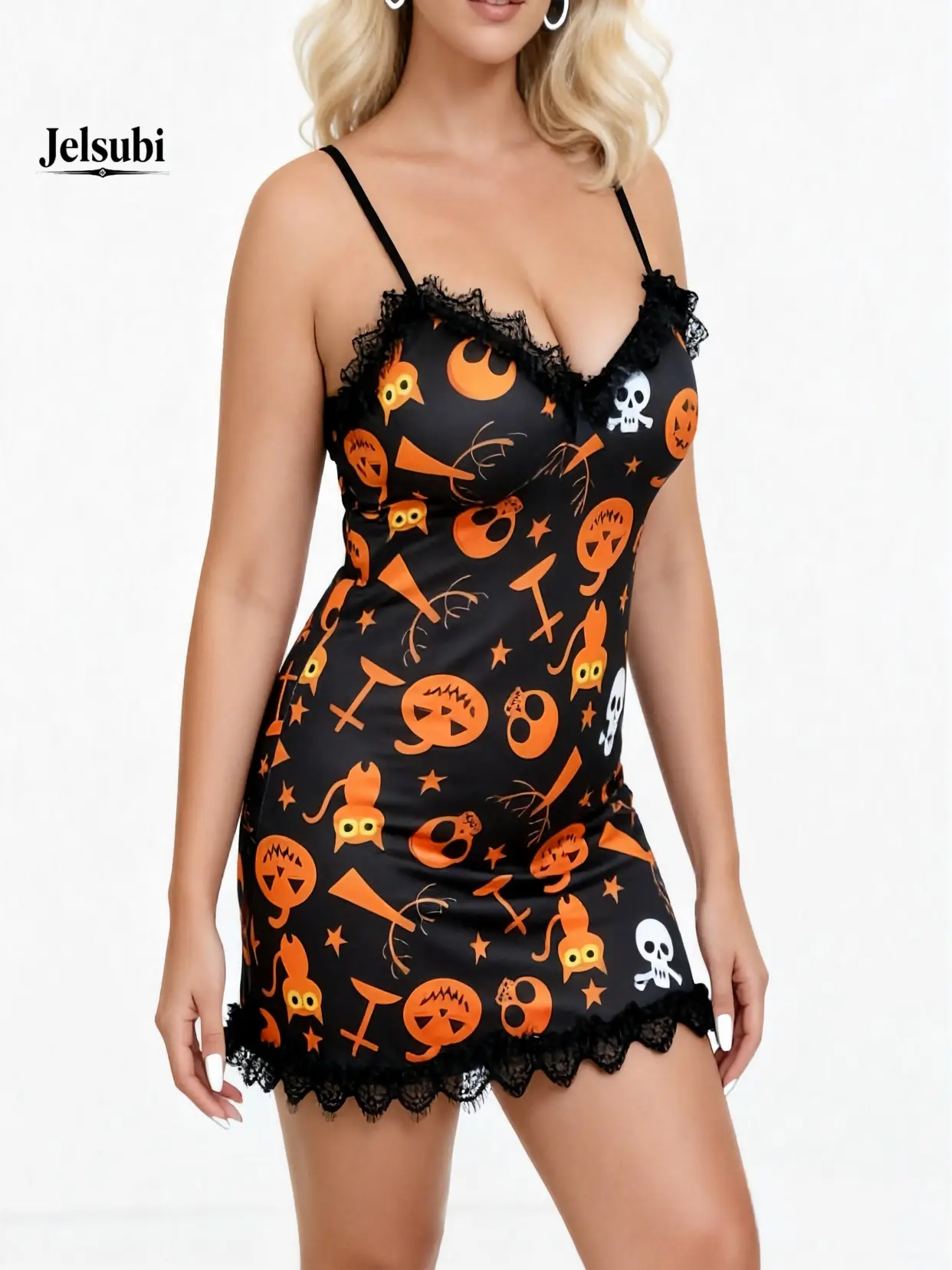 Jelsubi Women's Plus Size Baggy Loose-Fit Fashion Nightdress - European & American Design, Multicolor Holiday Halloween Print, Sleeveless, Sexy Lace Trim, All Seasons Loungewear Slip Dress, Machine Washable, Do Not Dry Clean, Oversize, Sexy Nightie, Contr