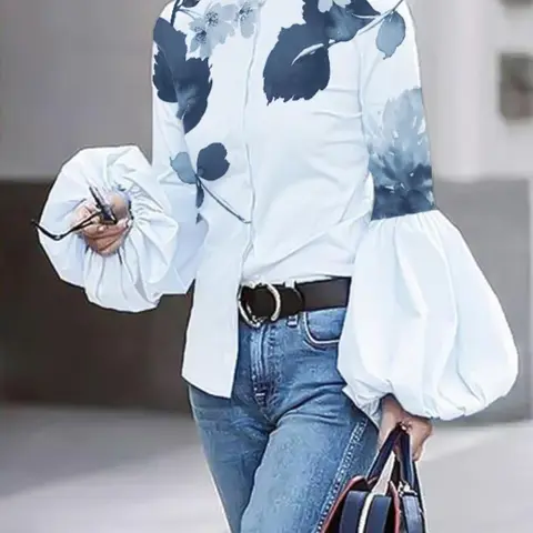Women's Floral & Leaf Print Button Decor Shirts, Casual Elegant Bishop Sleeve Top for Daily Wear, Ladies Clothes for All Seasons, Button Up Blouse