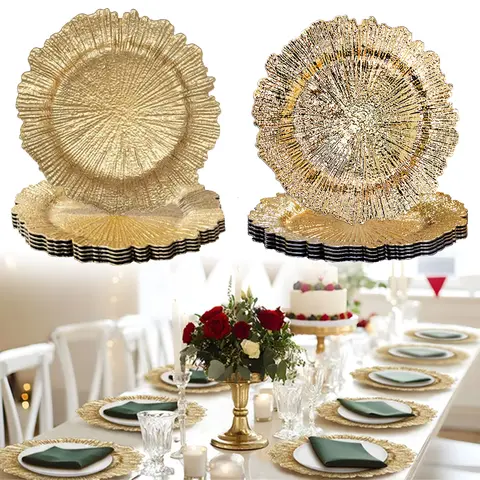 MAONAME Gold Charger Plates Luxury Reef Plating Plate Charger - 13" Round Plates,Plastic Table Charger for Wedding Dinner Party Decor (12-96pcs set)