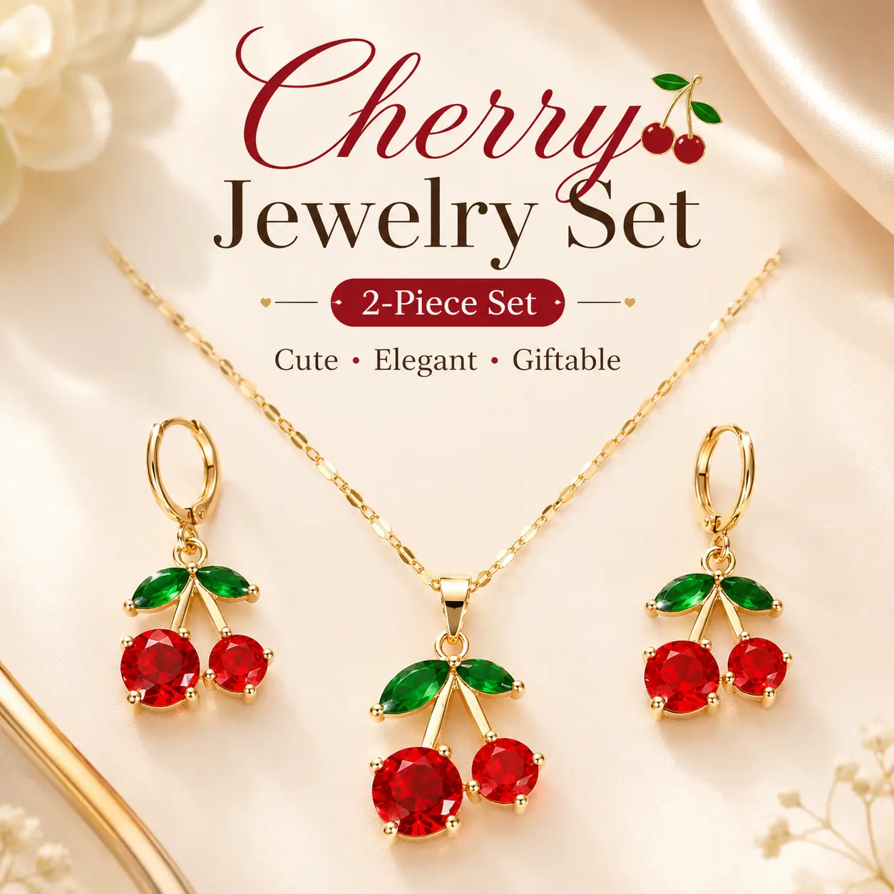 Women's Gold-Plated Cute Cherry 2-Piece Jewelry Set - Female Necklace with Secure Clasp, Prong Setting Earrings, Everyday Fashion Accessory for Gifting, Parties, All Seasons