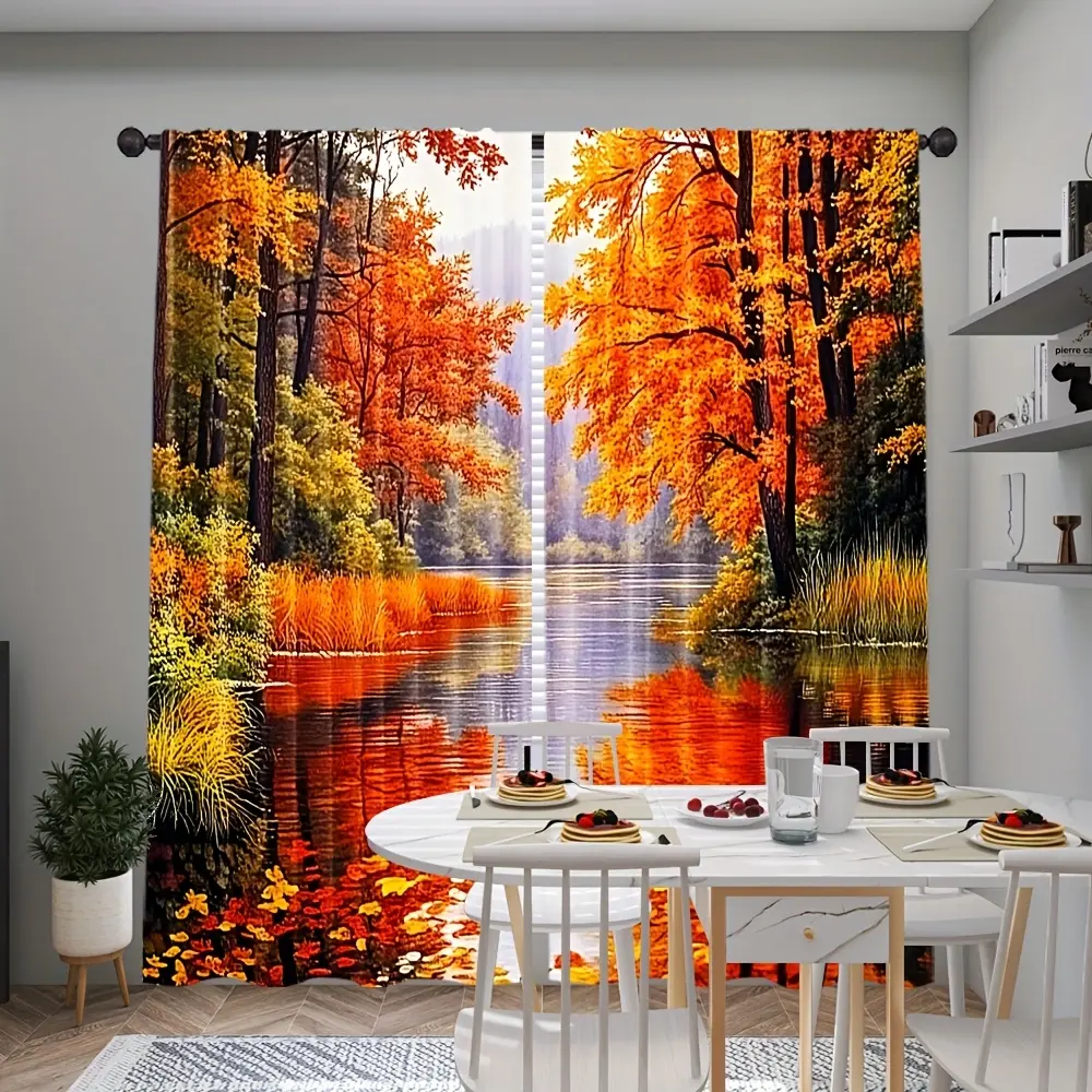 2-Piece set, Autumn Forest Scenic Curtains - Vibrant orange and red trees, tranquil lake views, translucent, perfect for bedroom living room dorm room decor, pole pockets, stylish room decor | Tranquil Scenic Curtains | Autumn Curtains Window Curtain