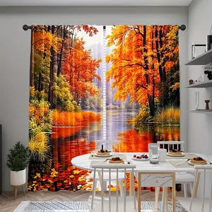 2-Piece set, Autumn Forest Scenic Curtains - Vibrant orange and red trees, tranquil lake views, translucent, perfect for bedroom living room dorm room decor, pole pockets, stylish room decor | Tranquil Scenic Curtains | Autumn Curtains Window Curtain