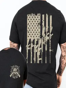 American Flag Weapon Graphic T-Shirt, Round Neck, One Nation Under God Text, Classic Military Style, Outdoor & Casual Wear, Comfortable Fabric