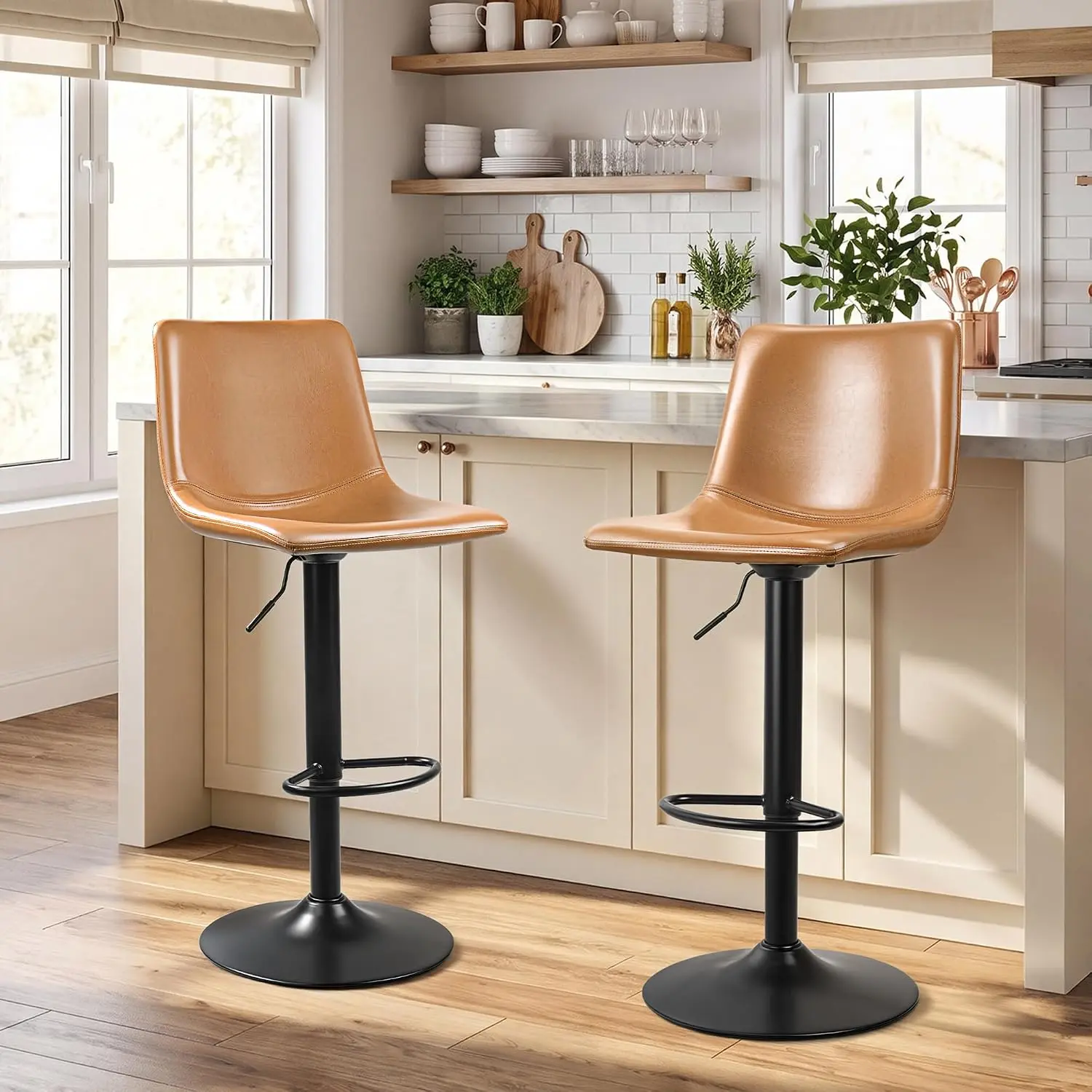 PUKAMI Adjustable Bar Stools Set of 4, Modern Faux Leather Swivel Barstools 17.7" Large Base, 350 LBS Heavy Duty Counter Height Bar Stools with Back and Footrest for Kitchen Island