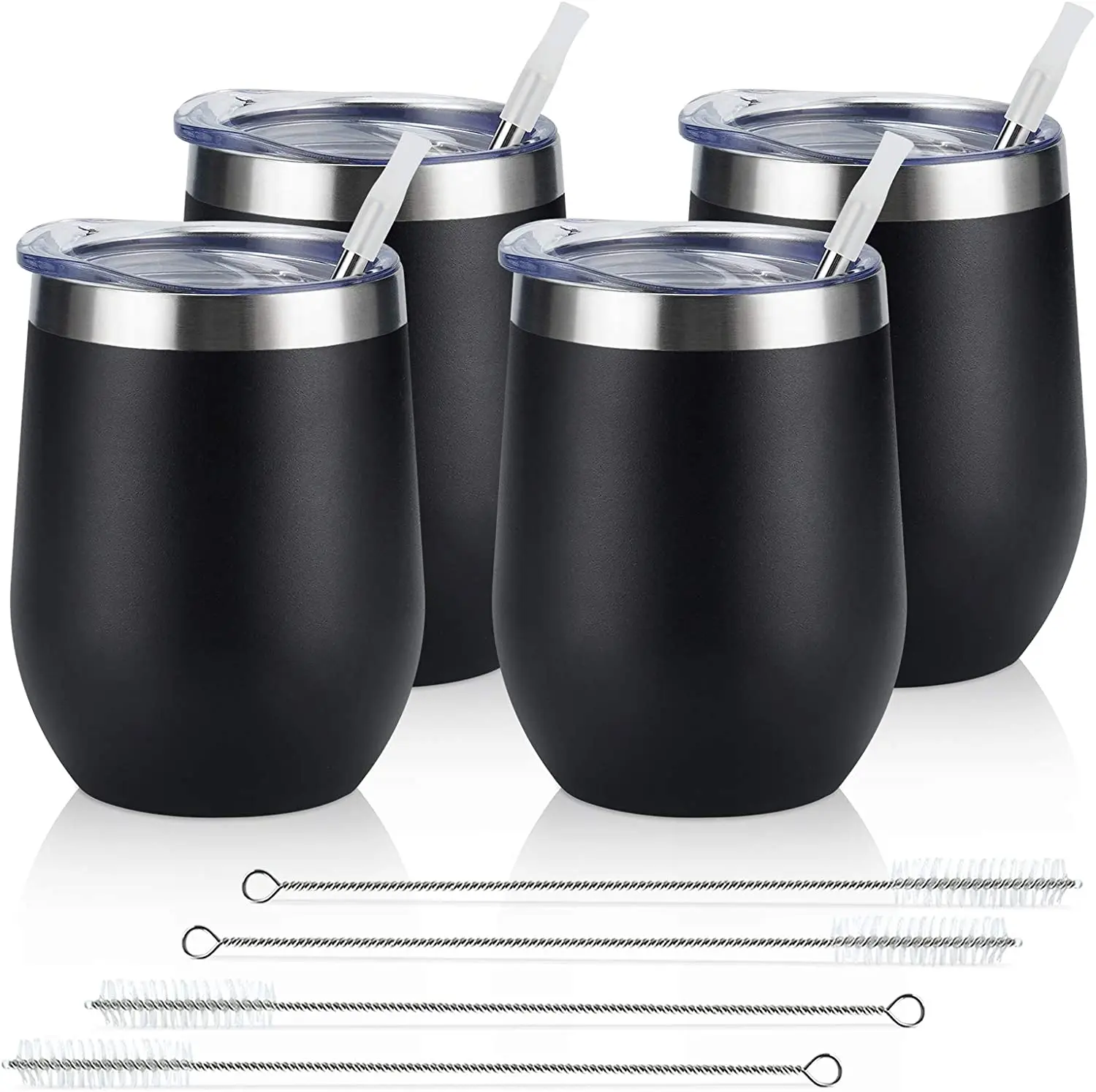 Lifecapido 4 Pack 12Oz Stainless Steel Stemless Wine Glasses, Insulated Wine Tumbler, Stainless Steel Wine Tumbler Cups with Lids and Straws for Coffee, Cocktails, Wine, Champaign, Black…
