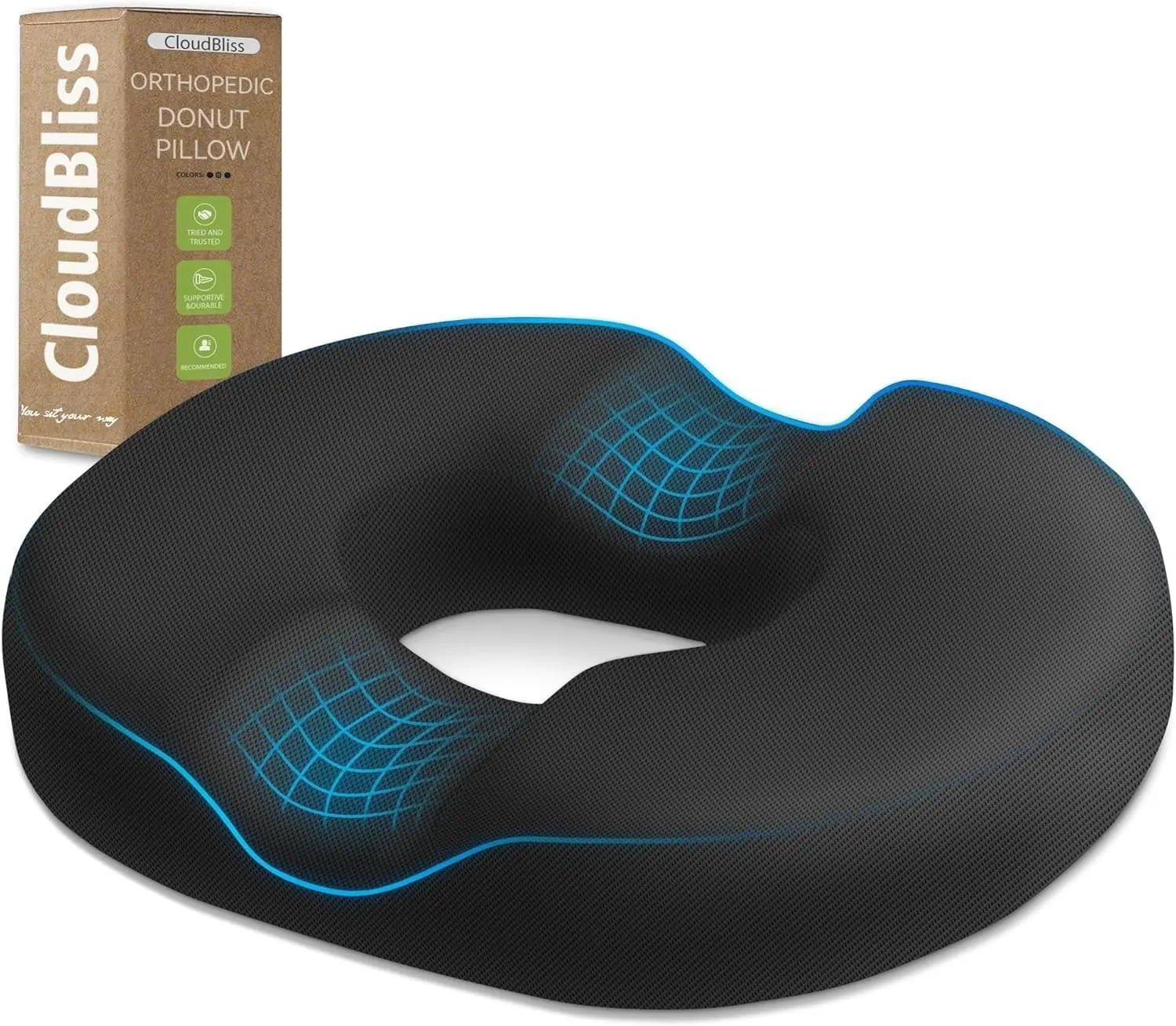 Cloudbliss Donut Pillow Stadium Seat Cushion for Tailbone Pain Relief and Hemorrhoids, Memory Foam Seat Chair Cushion, Portable Seat Cushions for Bleachers, Car, Home & Office CloudBliss