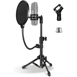 Mic Stand Desk, Table Mic Tripod Desktop Mic Stand Height Adjustable Small Microphone Stand for Desk with Pop Filter Shock Mount Mic Clip 1/4" to 5/8" Adapter for Blue Yeti Snowball