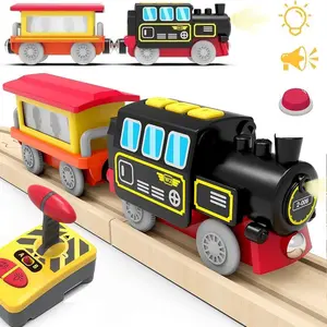 Motorized Trains for Wooden Track, Remote Control Train with Magnetic Connection, Battery Operated Locomotive Trains Set Compatible with Thomas, Brio, Chuggington - Train Toys for Toddlers