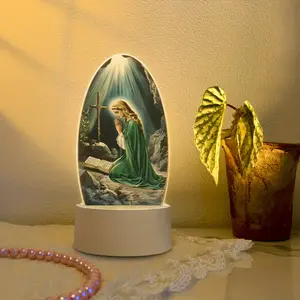 Christian Night Light USB Device, Decorative Night Light, Mary Magdalene Kneeling Holding Bible Cross, Colorful Christian Art Frame, Faith Inspiring Home Decor