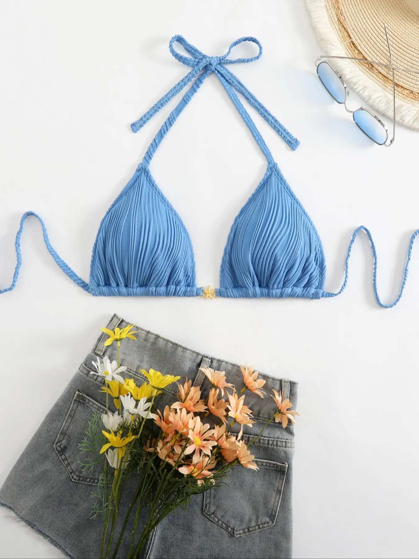 Women's Textured Fabric Adjustable Bikini Top, Tie Back Bikinis, Star Decoration, Pure Color, Single Piece Swimwear, Adult Ladies Fashion, Swimsuit For Beach, Beach Swimwear Clothes