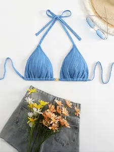 Women's Textured Fabric Bikini Top, Tie Back Bikinis, Star Decoration, Pure Color, Single Piece Swimwear, Adult Ladies Fashion, Swimsuit For Beach