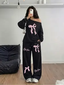 Pink Lace Bow Off Shoulder Sweatshirt & Wide Leg Pants Set - Coquette Loungewear