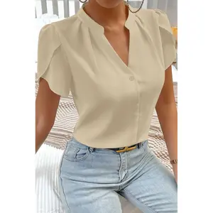 Beige Silky Notched Neckline Petal Sleeve Blouse  Womenswear  shell shirt  Shortsleeve