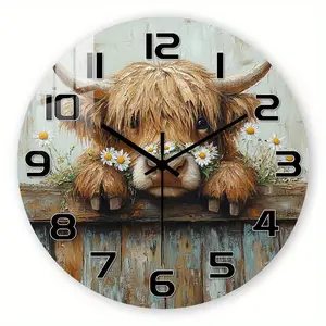 1 wall clock, Funny wall clock, fantasy theme, with a design of a Highland cow holding a daisy, acrylic wall clock, silent clock, farmhouse style decoration, home decor, cute rustic gift, battery operated (AA batteries not included)