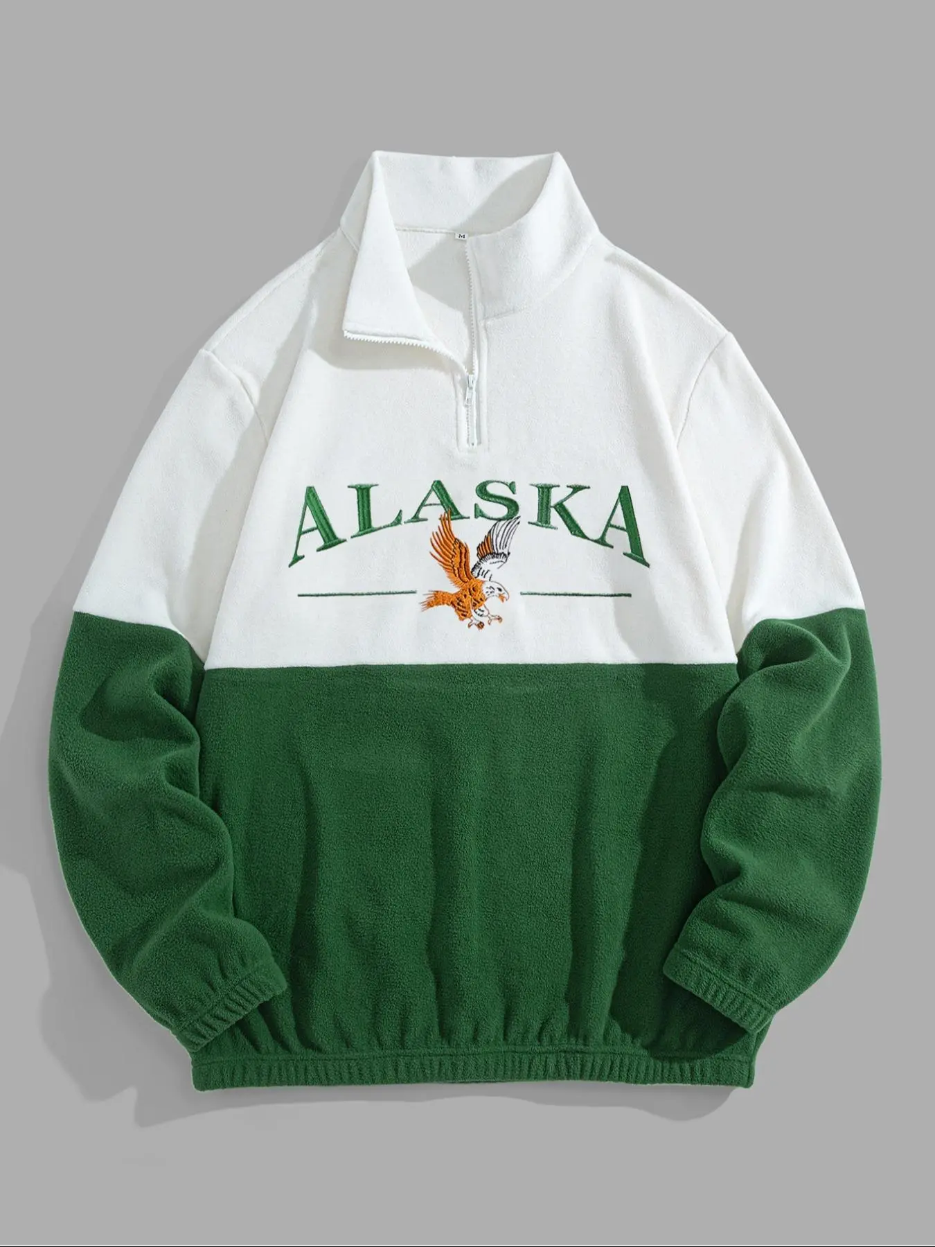 Men's Eagle Embroidery Zip Up Polar Fleece Sweatshirt, Casual Loose Long Sleeve Stand Collar Pullover for Fall & Winter, Men's Clothes for Daily Wear